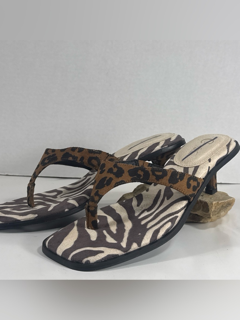 Leopard & Zebra Print Thong Heeled Sandals - Brown/Black
